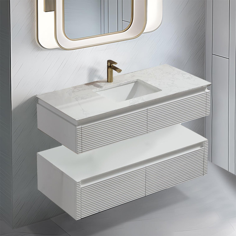 Everly Quinn Lumino 48'' Modern Wall Mounted Single Bathroom Vanity with Engineered Stone Top ...